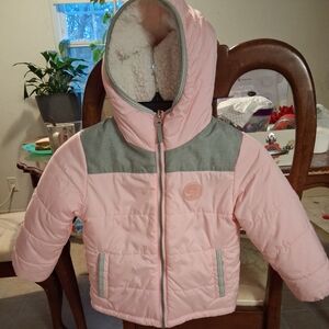 Pink and Gray Hooded Puffer Jacket